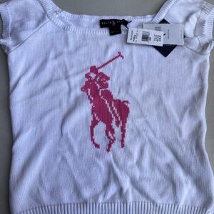 Vintage Ralph Lauren White Knit Top with Pink Logo